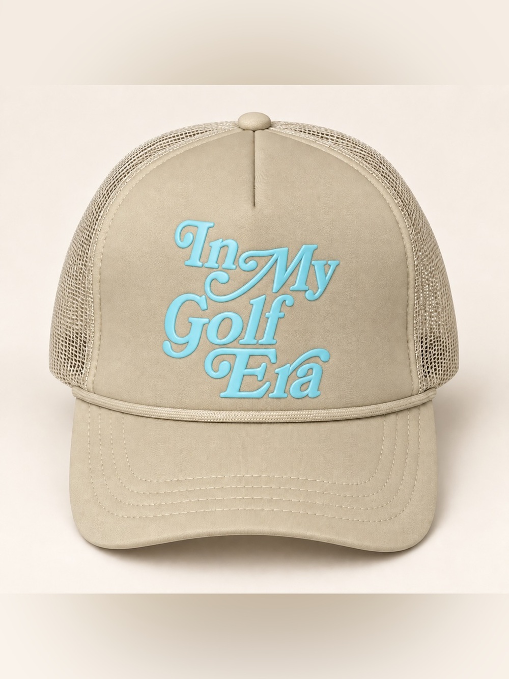 NWT Topgolf In My Golf Era Tan Cream Turquoise Blue Mesh Trucker Hat Snapback OS